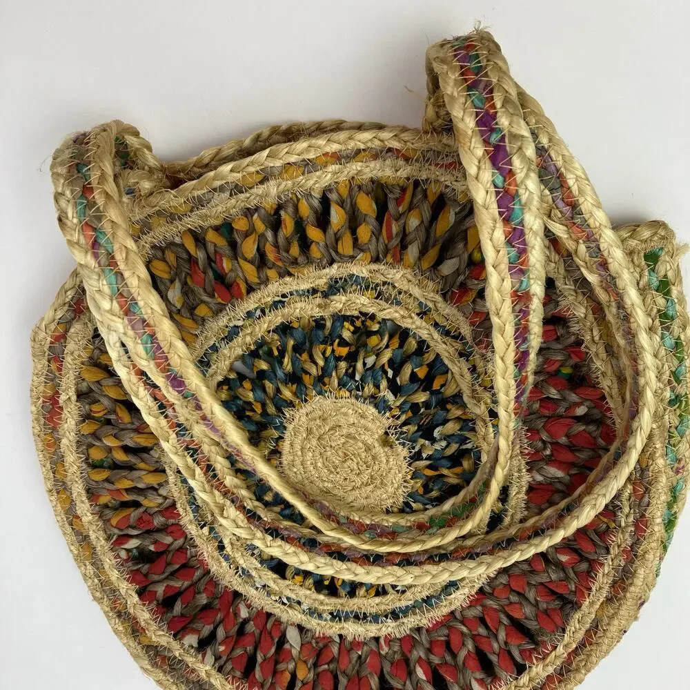 Boho Colorful Recycled Woven Jute Bag Circle Shaped Shoulder Tote Beach Bag